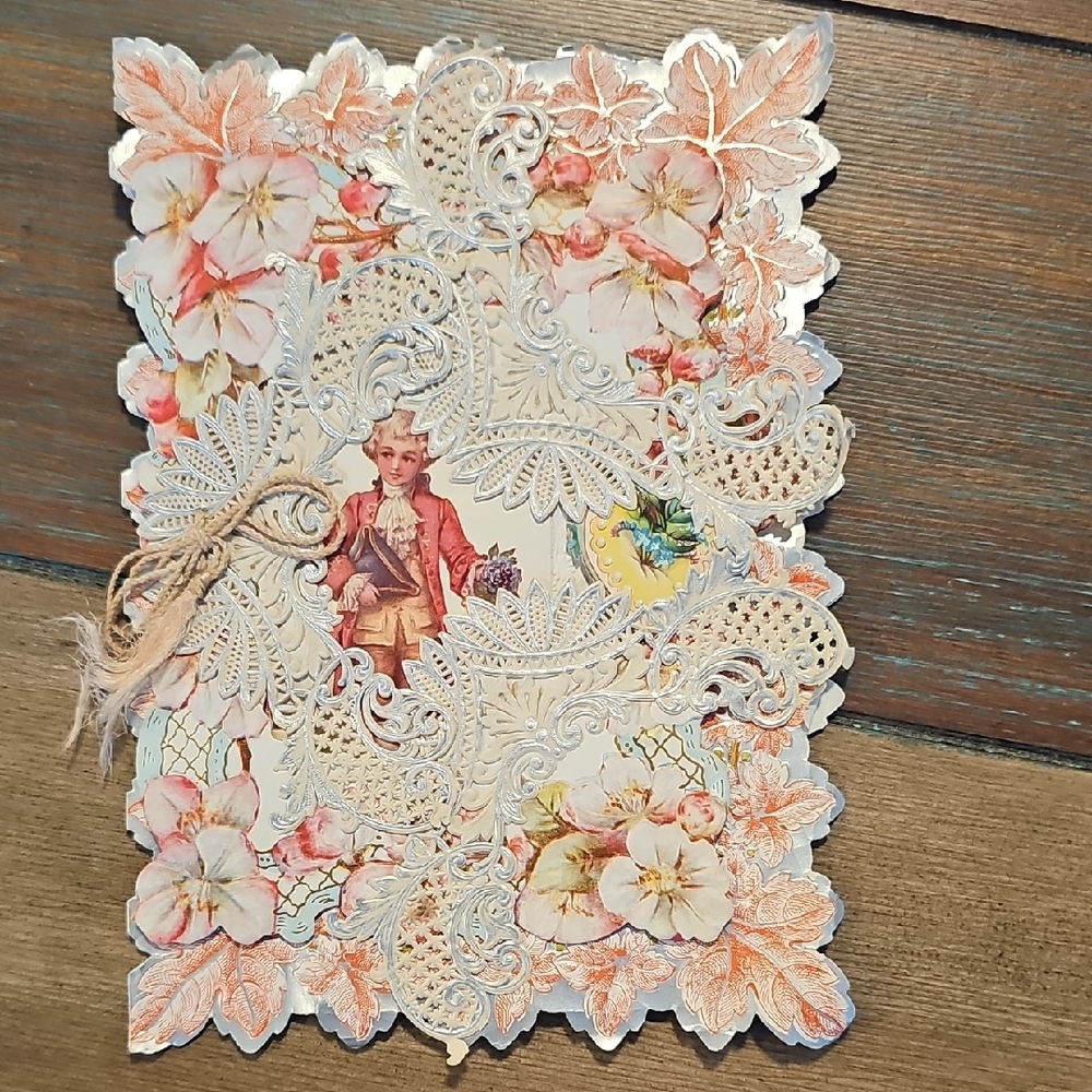 Antique Victorian Floral Die-Cut Card with Lace Embellishments